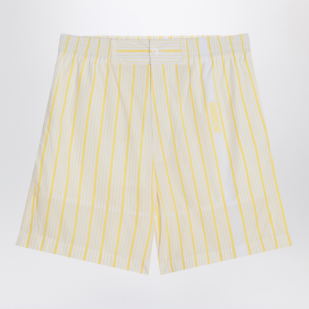 JACQUEMUS White, yellow striped bermuda shorts with logo