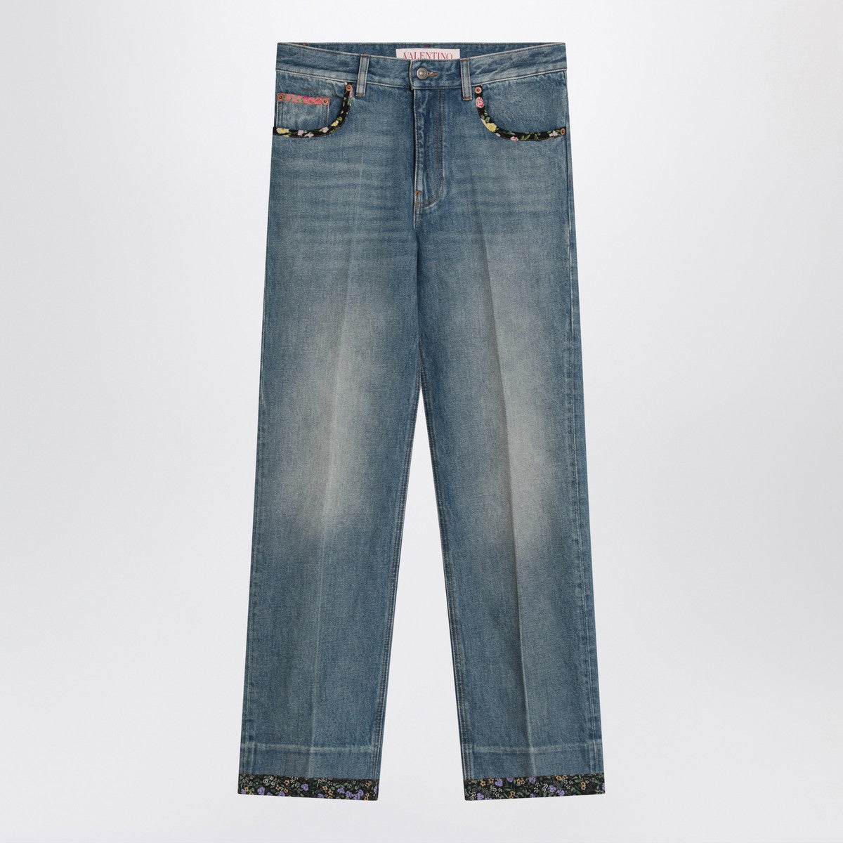 Valentino Washed blue jeans with floral fabric trims