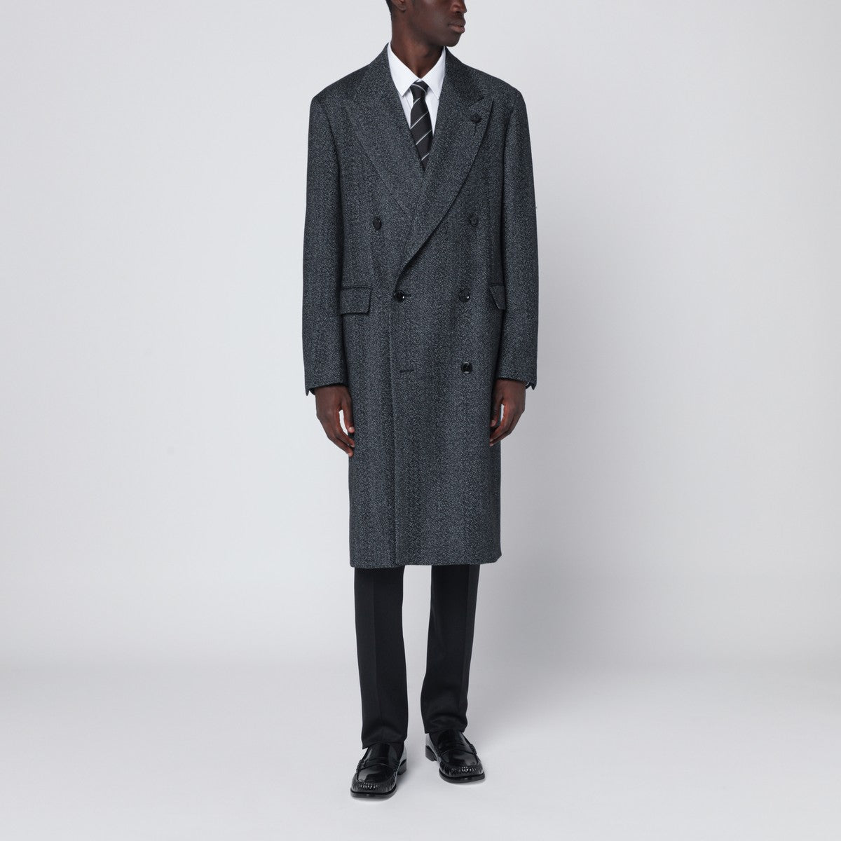 Lardini Grey herringbone double-breasted coat