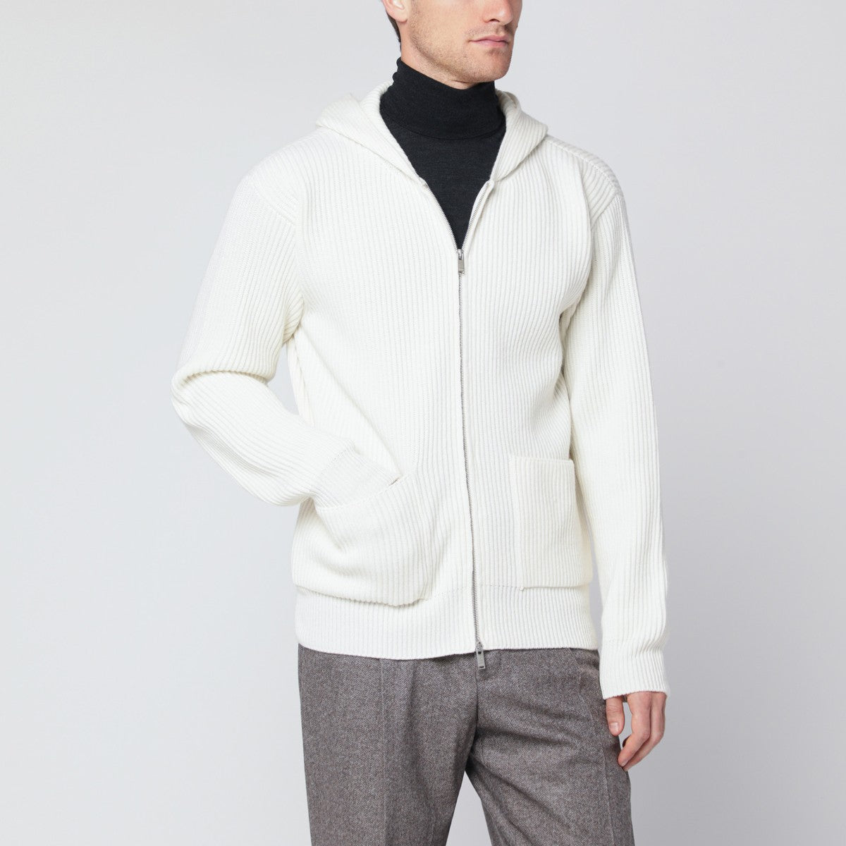 Lardini White wool and cashmere hooded cardigan