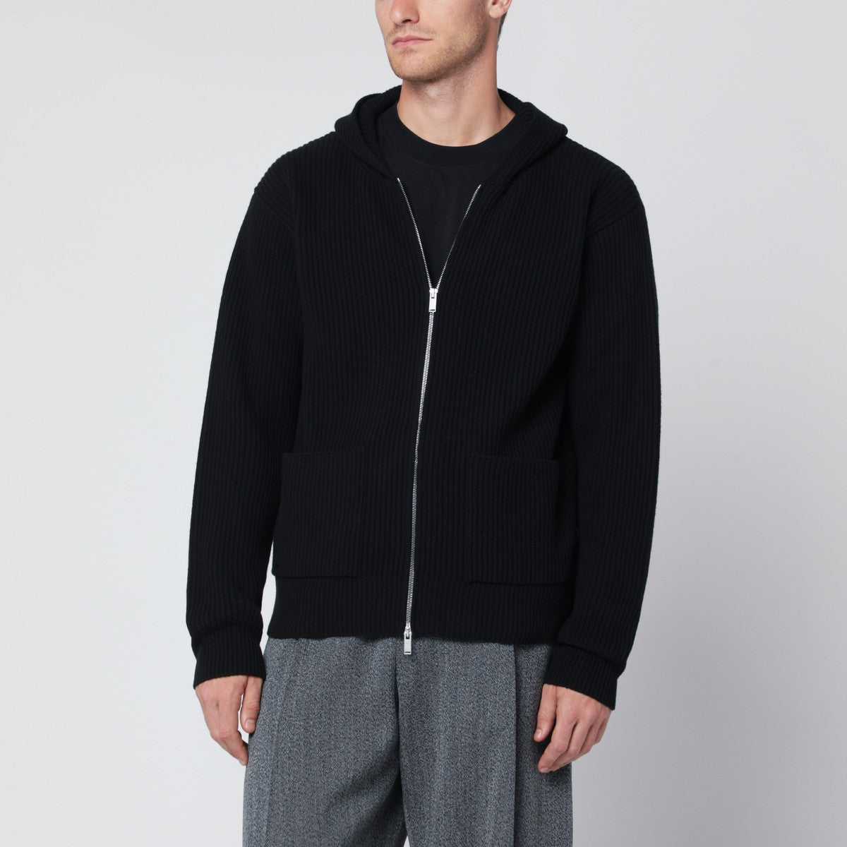 Lardini Black wool and cashmere hooded cardigan